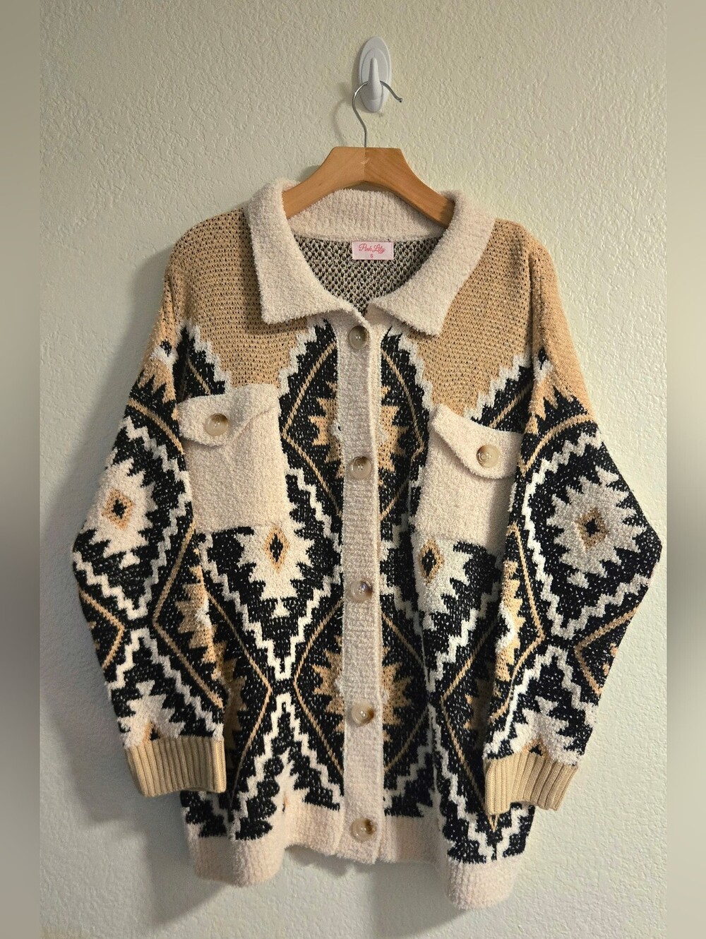 Pink Lily Aztec Button-Up Cardigan in Cream, Tan & Black